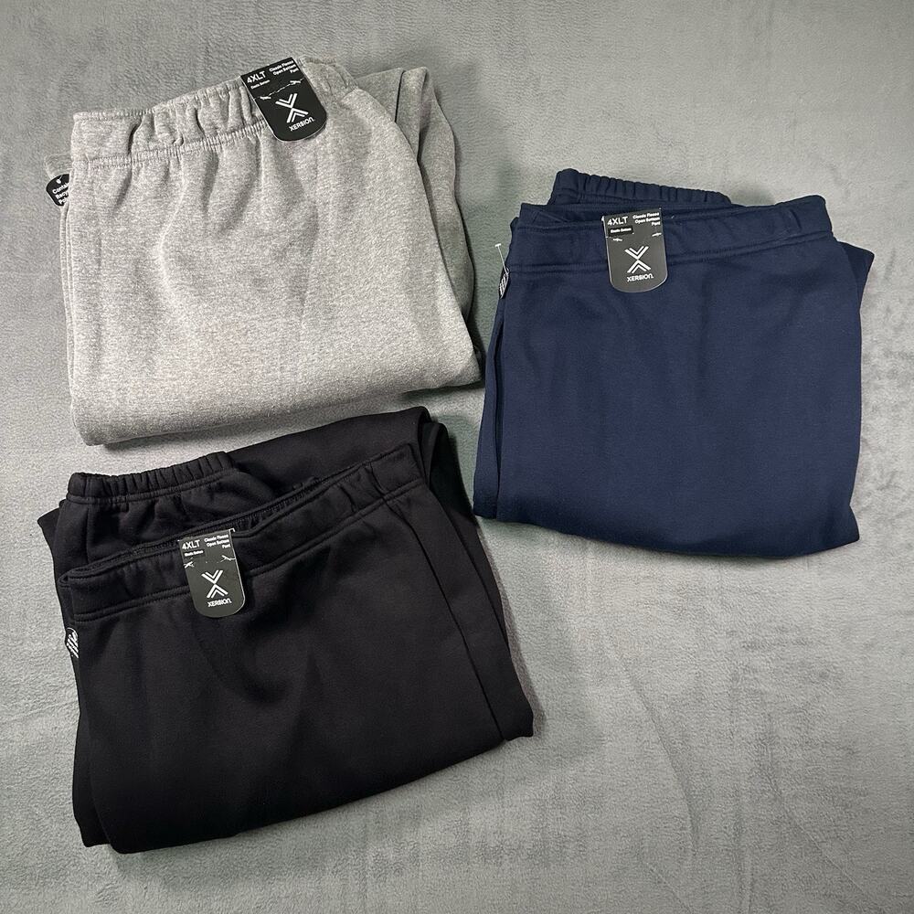 Xersion 3-Pack Fleece Sweatpants Mens 4XLT Loose Fit Open Bottom Black Gray Blue